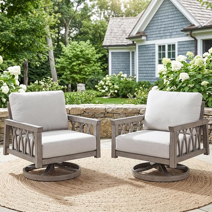 Outdoor Swivel Armchairs Set of 2, Aluminum Patio Sofa Chairs with Cushions, 360° Rotating Aluminum Club Chairs, Weather-Resistant Patio Furniture Set for Deck Garden Poolside, Limed Oak