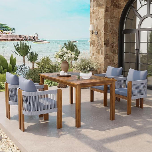 Merax Luxury 5-Piece Outdoor Patio Dining Set for 4, Solid Acacia Wood Dinning Set with Rope Woven Chairs,Farmhouse Dining Furniture Set for Garden, Backyard, Poolside, Brown+Gray