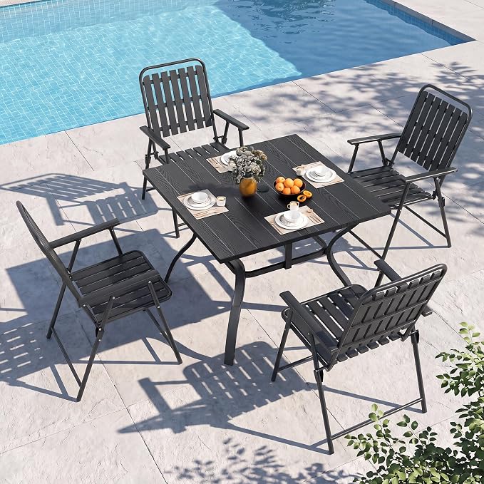Outdoor Dining Set for 4, Patio Table and Foldable PP Chairs Set with 1.97'' Umbrella Hole, 5pcs Patio Furniture Set 37.8”x37.8” Dining Table Set with No Assembled Chairs for Porch Deck Backyard Pool