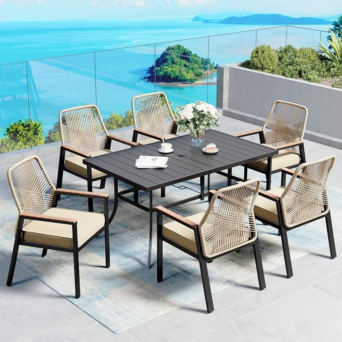 7pc Patio Dining Set for 6, Outdoor 59" Metal Table & Woven Rattan Chairs | 6 cushioned chairs + rectangle steel table. Waterproof, stain-resistant & wipe-clean. Ideal for backyard, garden & poolside.