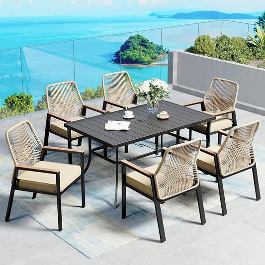 7pc Patio Dining Set for 6, Outdoor 59" Metal Table & Woven Rattan Chairs | 6 cushioned chairs + rectangle steel table. Waterproof, stain-resistant & wipe-clean. Ideal for backyard, garden & poolside.