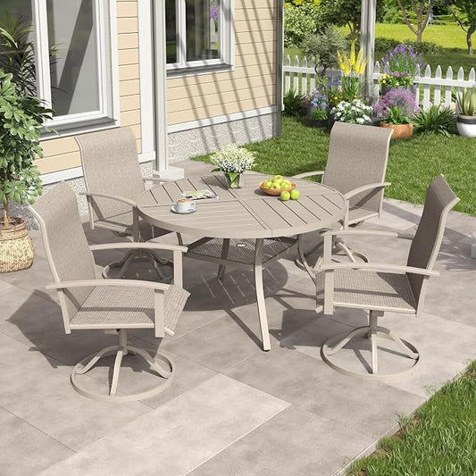 VICLLAX 5 Pieces Patio Outdoor Dining Set, 4 Swivel Textilene Chairs and 47.2" Round Metal Table with Umbrella Hole for Porch, Deck, Garden, Sandshell