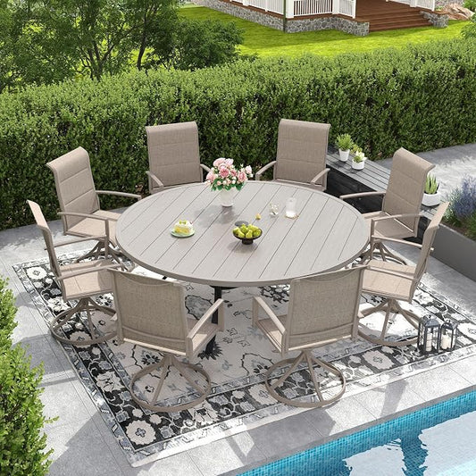 DIFY 9 Piece Outdoor Patio Dining Set for 8, 63" Grey Wood-Like Round Metal Dining Table and Swivel Patio Chairs with Sandshell Padded Textilene, All-Weather Outdoor Furniture Set for Garden Backyard