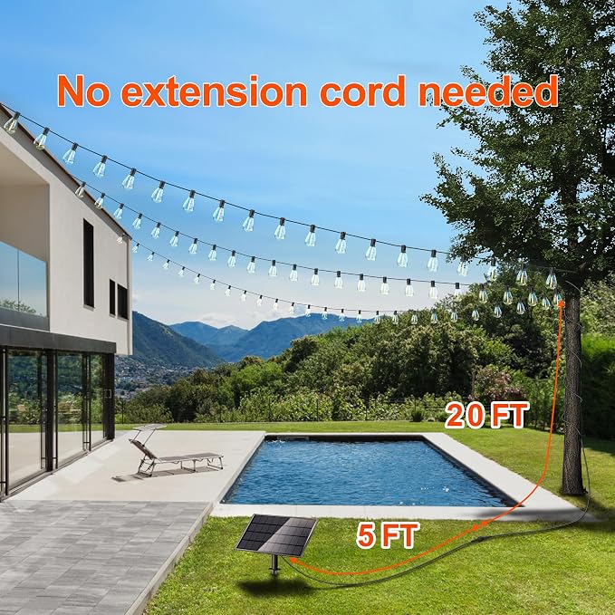 Stright Solar String Light for Outside 120FT with with USB Charging & Remote, Weatherproof Shatterproof LED S14 Bulb 50 Socket, Dimmable & Timable Solar Powered Patio Lights for Porch Backyard Garden