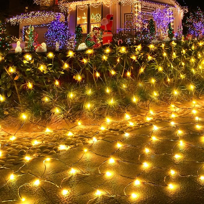 Pooqla Warm White Net Lights, 15x 5ft Christmas Lights Outdoor Green Wire | 300 LED Large Net Mesh Lights Plug in, 8 Modes Waterproof Connectable Bushes Lights for Christmas Hedge Yard Decor