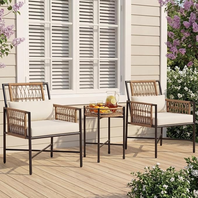 LAUSAINT HOME 3 Piece Patio Furniture Set, Outdoor Wicker Bistro Set with Handwoven PE Rattan Chairs & Round Side Table, Steel Frame Conversation Set for Patio, Balcony, Backyard, Poolside, Beige