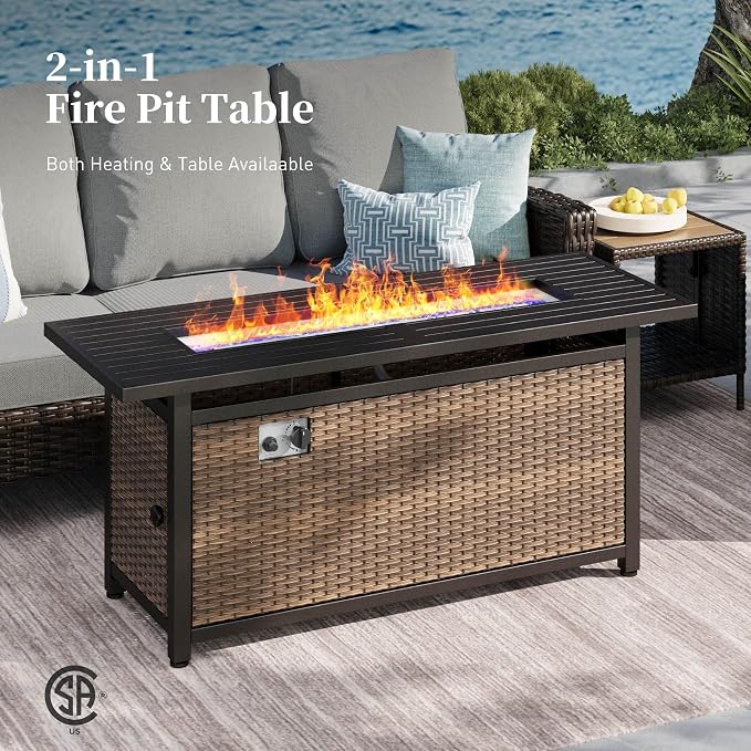 Patio Furniture Set with Swivel Chairs, High Back Wicker Rattan Set with 5.5" Thick Cushions, Fire Pit Table and Ottomans, All Weather Outdoor Conversation Set for Backyard Deck,9 Seats, Light Grey