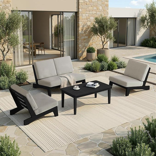 Pia Ricoo 4 Piece Patio Furniture Sets, Outdoor Loveseat Sofa Set with 2 Chairs & Coffee Table, Patio Conversation Set for Backyard, Deck, Lawn, Light Camel, Dark Wood