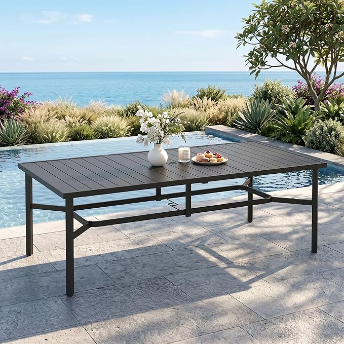 MIXPATIO Outdoor Patio Dining Table for 8, 83" x 39" Rectangular Metal Patio Dining Table with 1.7" Umbrella Hole, All Weather Wrought Iron Black Outdoor Table for Garden, Backyard and Porch