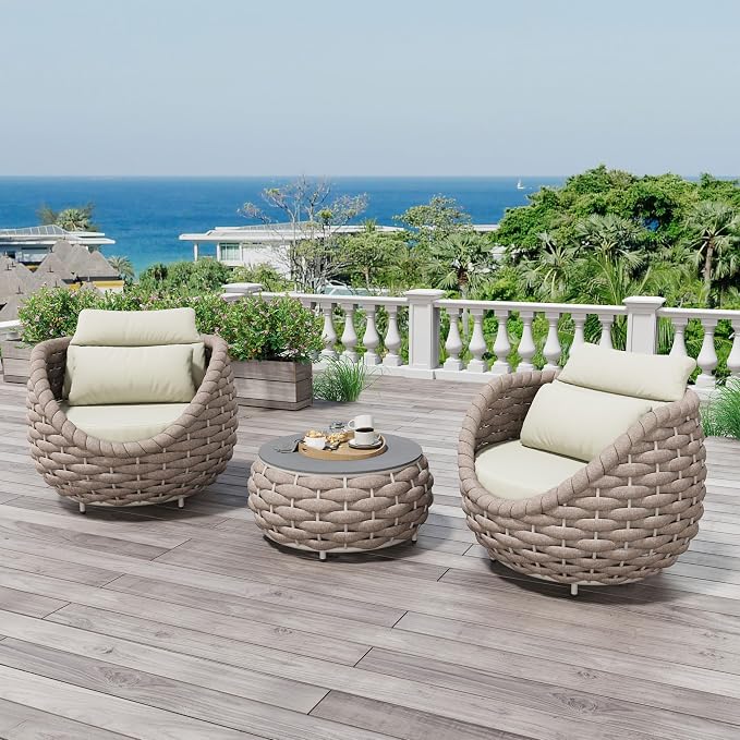 3 Piece Outdoor Furniture Set: Aluminum Patio Conversation Sofa Set - Assembled Couch Armchair Table Set Cushioned - Hand Woven Rope Chair Set All Weather Indoor Deck Balcony Hotel, Terracotta