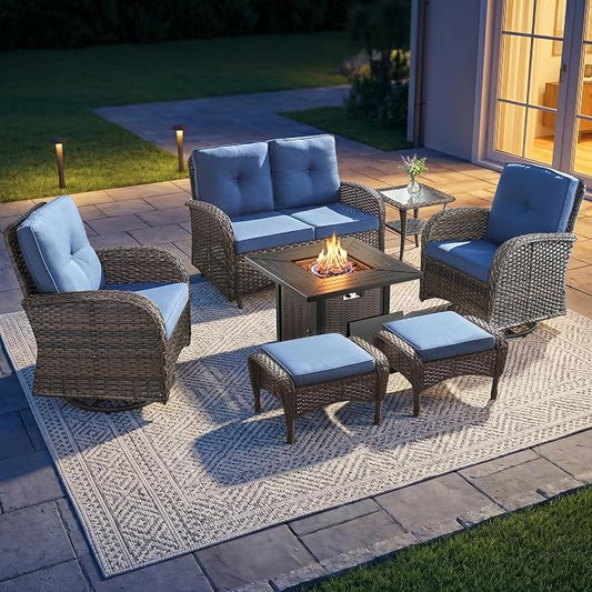 7 Piece Patio Furniture Set with Fire Pit Table - Wicker Patio Conversation Set with Swivel Glider, Glider Loveseat, Side Table and 2 Ottomans for Deck Backyard - Brown Wicker Blue Cushion