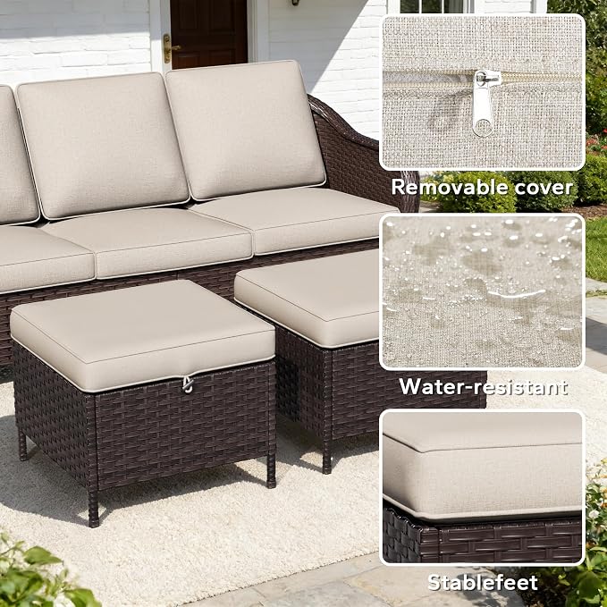 6 Piece Patio Wicker Conversation Set, All-Weather Use Outdoor Wicker Sofa with 2 PE Rattan Ottomans,2 Chair, 1 Side Table, Ideal for Porch, Backyard, Balcony, Poolside, Beige