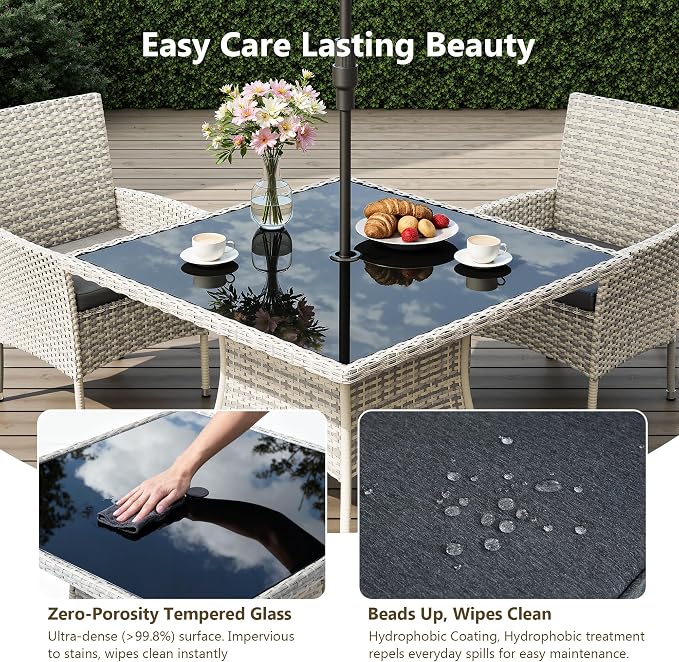 Outdoor Dining Set, 5-Piece Patio Furniture Set with Tempered Glass Table and 4 Cushioned Chairs, Dual-Strand Wicker Rattan, Balcony Furniture for Backyard, Garden, Deck,– Black