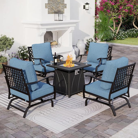 SUNSHINE VALLEY 5 Piece Metal Outdoor Patio Furniture Set with Fire Pit Table, Patio Conversation Sets 4 Rocking Chairs with 5.75" Thick Cushion and 5000 BTU Fire Pit Table, Backyard Furniture, Navy