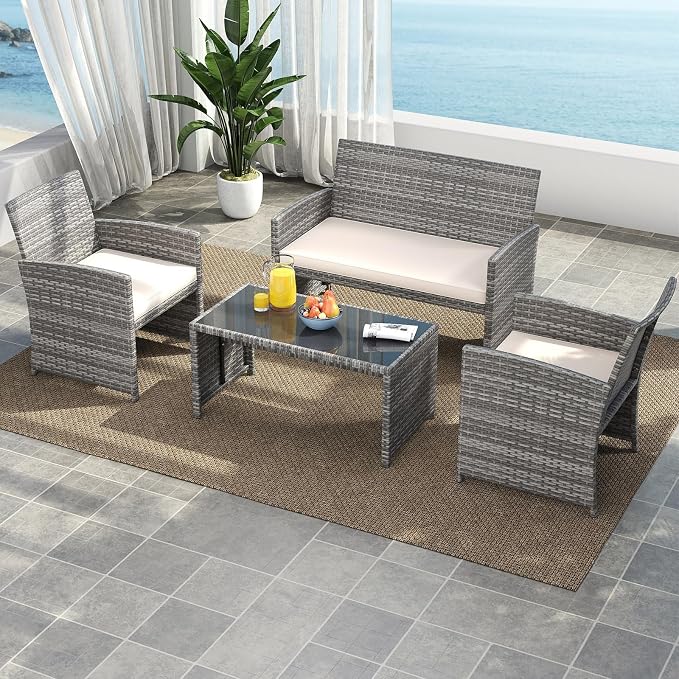 Tangkula 4 Piece Patio Wicker Furniture Set, Outdoor Heavy Duty Rattan Cushioned Chairs, Loveseat and Tempered Glass Coffee Table, for Backyard, Balcony, Poolside