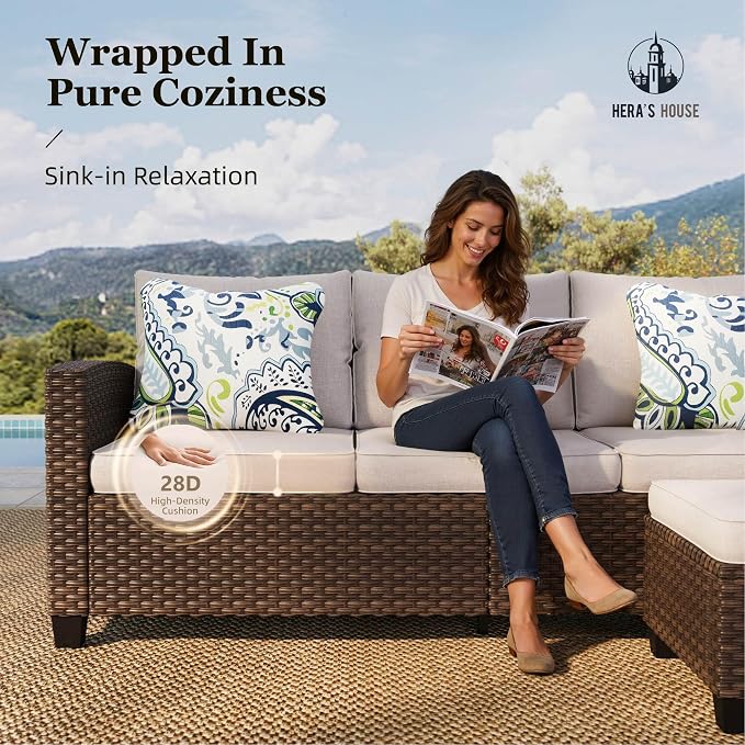 HERA'S HOUSE Wicker Patio Furniture Set, 5 Pieces Outdoor Furniture Set, Deep Seating Patio Conversation Sofa Sets for Lawn Deck Backyard, Blue