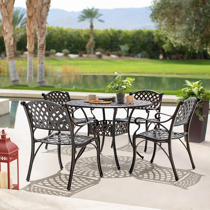 NUU GARDEN Outdoor 5-Piece Patio Dining Set, 4 Patio Chairs and 42'' Round Dining Table with 2.24" Umbrella Hole, Cast Aluminum Frame, for Patio, Deck, Garden, Backyard, Balcony, Antique Bronze