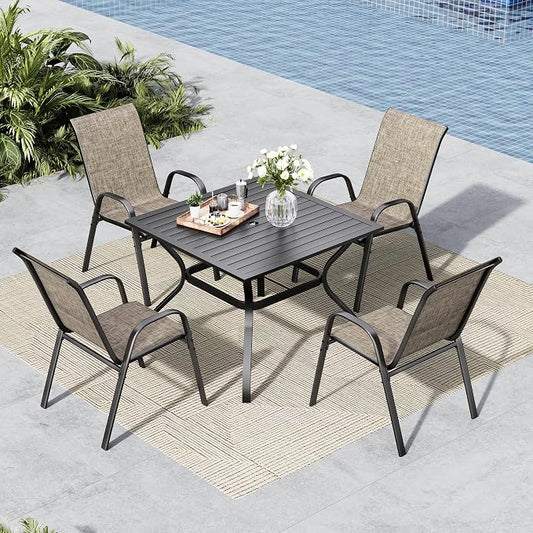 MFSTUDIO Patio Table and Chairs Set of 4, Outdoor Dining Set with Umbrella Hole, 5 Piece Patio Dining Set with Stackable Chairs