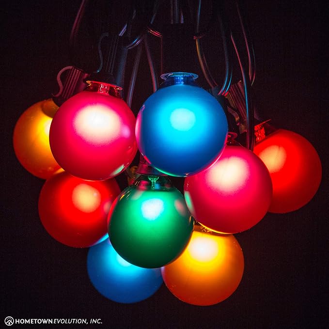 25 Foot Outdoor Colored String Lights with G50 Assorted Bulbs – Black Wire | G50 Assorted Satin Pearl 2 Inch Globe Bulbs for Patio Balcony Awning Canopy and Party Lighting