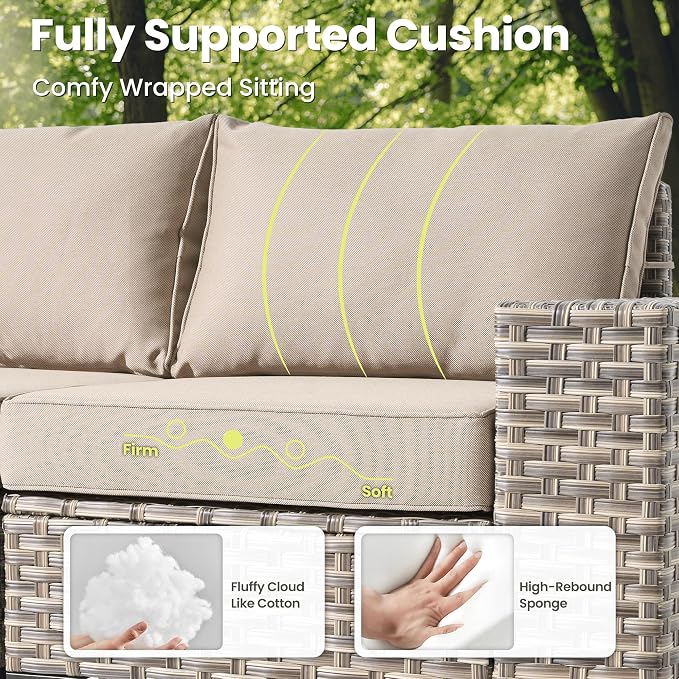 ovios 5-Piece Patio Furniture Set with L-Shape Sofa Chaise, Outdoor Sectional Couch Coffee Table, Modern Modular Wicker Rattan Conversation Set, Beige