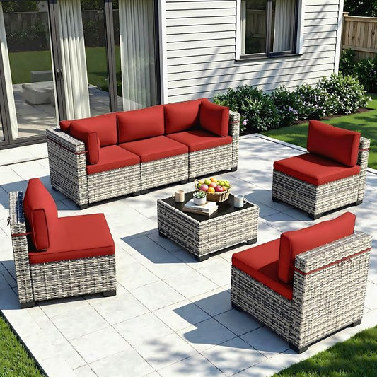 7-Piece Patio Furniture Set, Outdoor Sectional with Thick Cushions, Modular Patio Sofa, Dual-Strand Wicker Rattan, Rust-Resistant Frame, Backyard Furniture for Garden, Deck, Red