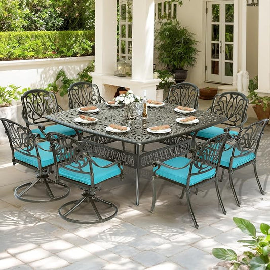 9-Piece Patio Cast Aluminum Dining Set, Outdoor Dining Furniture Set for 8 Person, Includes 64" Square Table, 6 Stationary and 2 Swivel Dining Chairs with Umbrella Hole, Ocean Blue