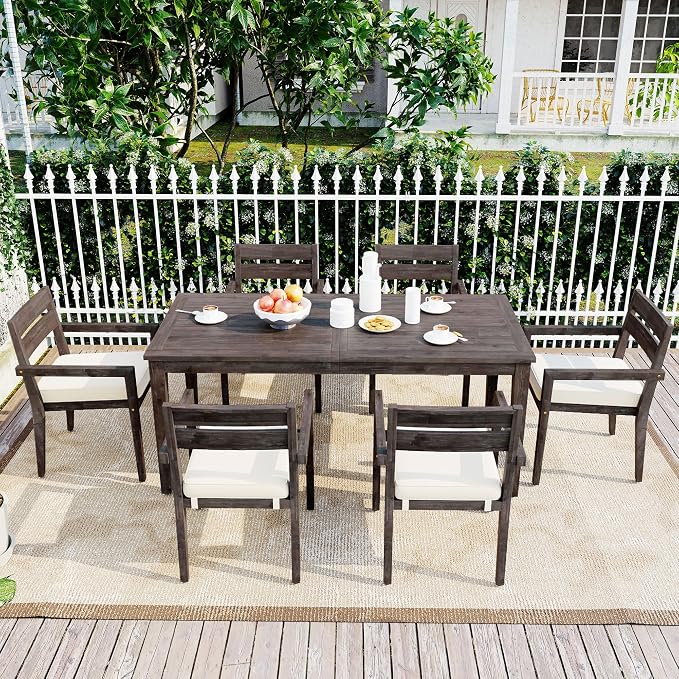 7 Pieces Outdoor Acacia Wood Dining Table Set for 6 with 70.9" Rectangular Table and 6 Chairs, Modern Patio Dinner Set with Cushion for Backyard, Garden, Poolside or Indoor, Antique Gray