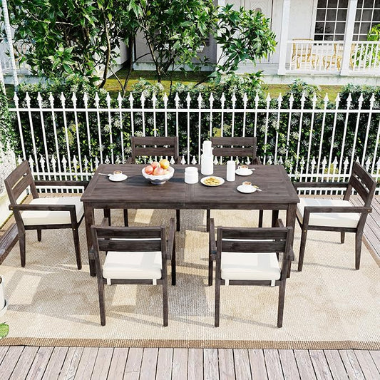 SOFTSEA 7 Pieces Wood Patio Dining Set, Acacia Wood Outdoor Dining Set for 6, Gray