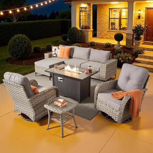 8 Pcs Patio Outdoor Furniture Set - All Weather Wicker Outdoor Sectional Sofa Couch with Swivel Fire Pit Table and Rocking Chairs e,Patio Rattan Conversation Set for Garden Deck Yard,Dark Grey