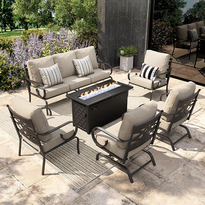 Sophia & William Patio Conversation Set for 7, 3-Seater Sofa, 2 Fixed Chairs, 2 Rocking Chairs and a 45" Fire Pit Table, Metal Outdoor Furniture with 5.75" Extra Thick Cushions, Beige