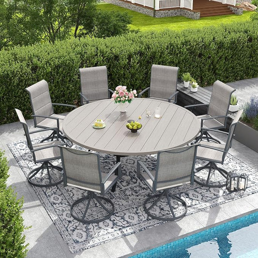 DIFY 9 Piece Outdoor Patio Dining Set for 8, 63" Grey Wood-Like Round Metal Dining Table and Swivel Patio Chairs with Grey Padded Textilene, All-Weather Outdoor Furniture Set for Garden Backyard