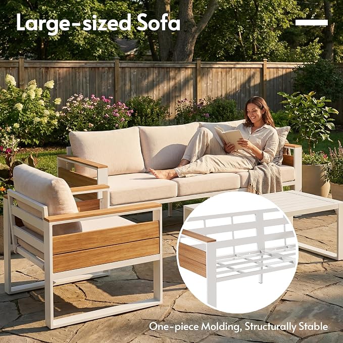 ENSTVER Aluminum Patio Furniture Sets, 7-Seat Outdoor Sofa with Premium Olefin Fabric Cushions & Zero-Maintenance Frame, Patio Sectional Conversation Set for Poolside, Garden