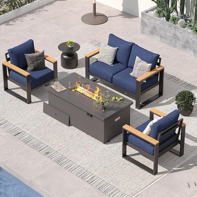 Sundale Outdoor Aluminum Patio Furniture Set, 4 Piece Outdoor Conversation Sets with Fire Pit and 6" Thick Olefin Cushions, All Weather Outdoor Sectional Set for Deck, Lawn, Yard (Navy Blue)