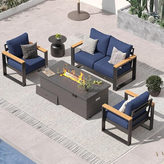 Sundale Outdoor Aluminum Patio Furniture Set, 4 Piece Outdoor Conversation Sets with Fire Pit and 6" Thick Olefin Cushions, All Weather Outdoor Sectional Set for Deck, Lawn, Yard (Navy Blue)