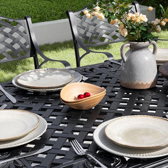 NUU GARDEN 7 Pieces Outdoor Patio Dining Sets, Cast Aluminum Rectangle Patio Table with Umbrella Hole and 6 Bistro Chairs, Armrest Dining Chairs and Bistro Table for Balcony, Backyard, Black