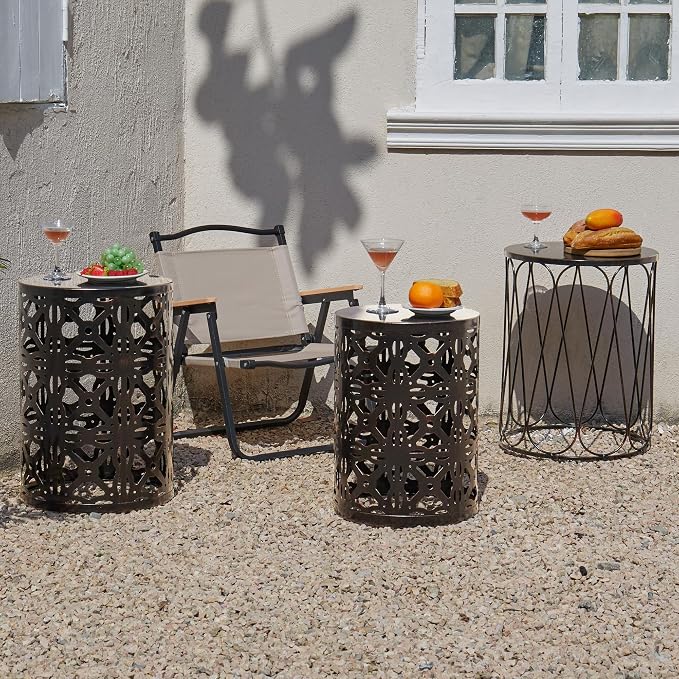 Y&M Outdoor Side Tables Set of 3, Metal Stacking Patio Side Tables for Outside, Round Indoor End Tables, Decorative Garden Stool Plant Stand for Patio Garden Balcony Porch, Black with Bronze