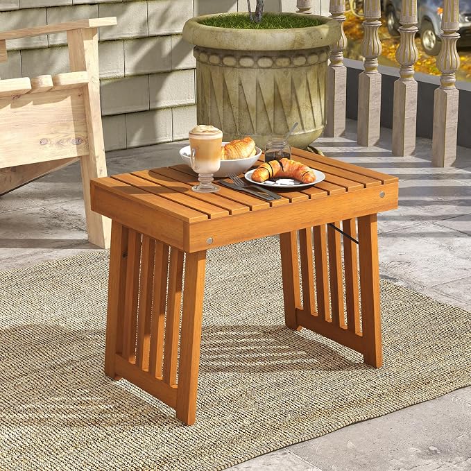 Tangkula Patio Foldable Side Table, Outdoor Folding Acacia Wood Coffee Table w/Slatted Tabletop, Portable Patio Table for Backyard, Poolside, Balcony (1)