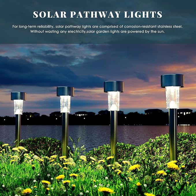 SOLPEX 24 Pack Solar Lights Outdoor, Stainless Steel Solar Pathway Lights | Solar Lights Outdoor Waterproof ,LED Landscape Lighting Walkway for Landscape/ Patio/Lawn/Yard/Driveway-Cold White