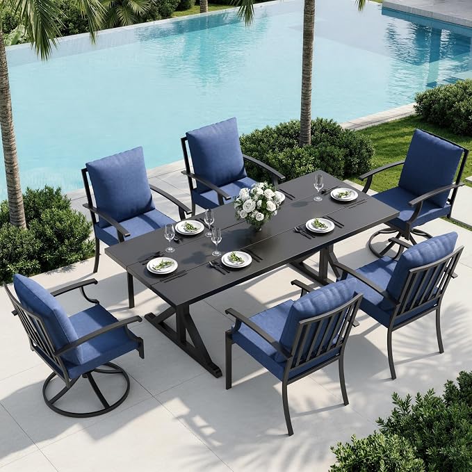 7 Piece Outdoor Dining Set for 6, Metal Patio Table and Chairs with Cushions, Patio Furniture Set with 2 Swivel Chairs, Rectangular Metal Dining Table with Umbrella Hole, Lawn Deck Yard-Navy