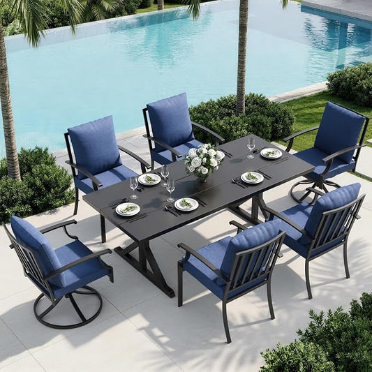 7 Piece Outdoor Dining Set for 6, Metal Patio Table and Chairs with Cushions, Patio Furniture Set with 2 Swivel Chairs, Rectangular Metal Dining Table with Umbrella Hole, Lawn Deck Yard-Navy
