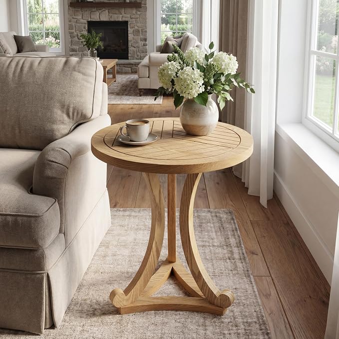 Natural Finish Round Wood Accent Table Farmhouse Elegant Curved Base Side End Table for Living Room, Bedroom, or Patio