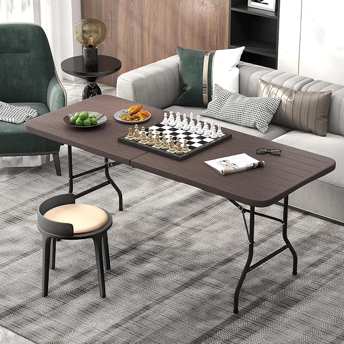 Giantex 6ft HDPE Folding Table, Outdoor Indoor Foldable Table with Metal Legs, Fold-in-Half Portable with Handle for Picnic, Camping, Banquet, Party Event (Brown)