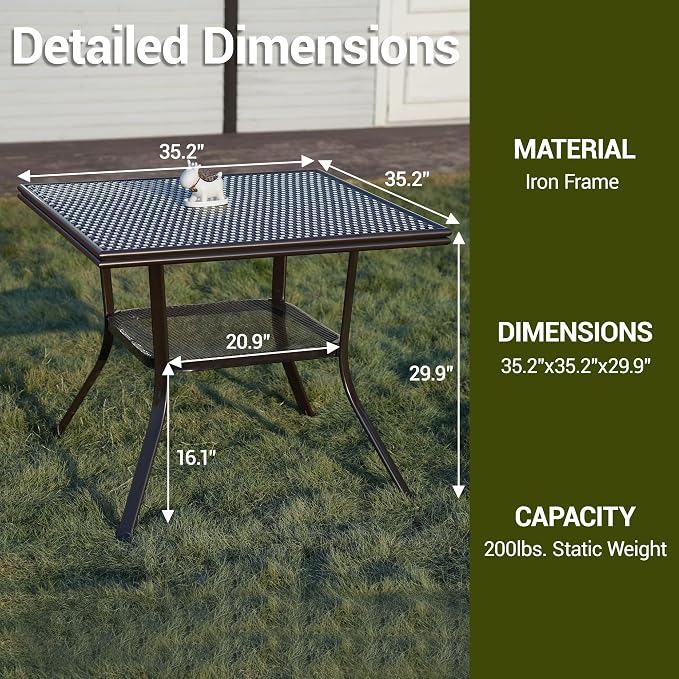 35.2" Outdoor Dining Table for 4 Person, Square Patio Dining Bistro Table with Sturdy Metal Frame & Adjustable Foot Pads for Garden, Backyard and Porch, Partitioned Storage Rack, Blue