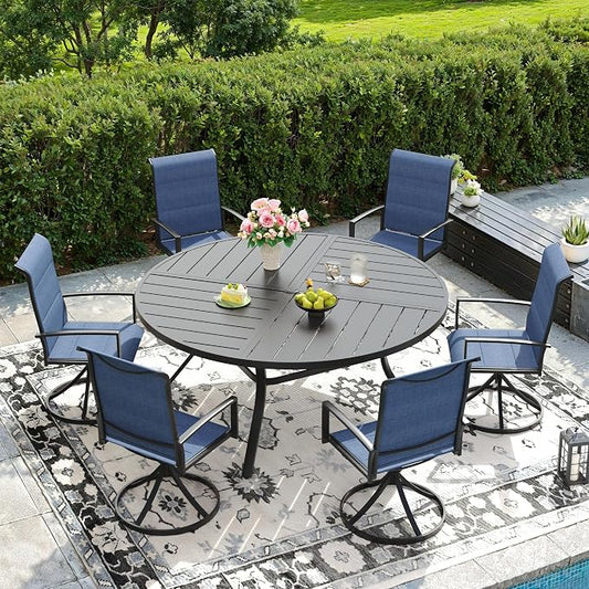 DIFY 7 Piece Outdoor Dining Set, Metal Patio Table and Chairs Set, 53.1" Black Round Dining Table & 6 Blue Padded Textilene Swivel Patio Chairs, Outdoor Furniture Set for Garden Backyard Porch