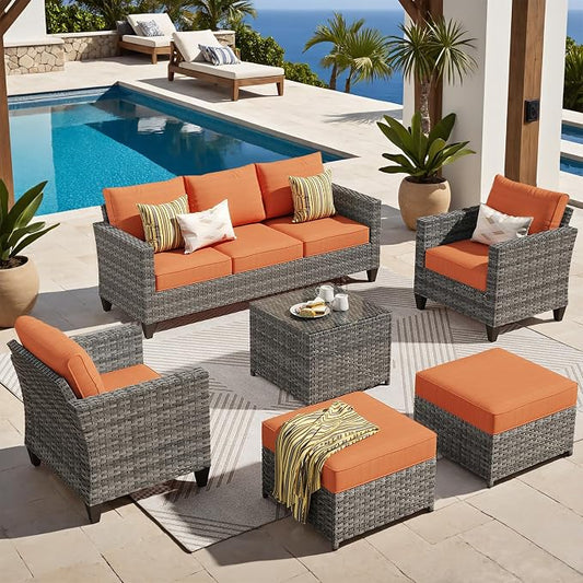 ovios 6 Pieces Patio Furniture Set, Outdoor Wicker Sofa Couch with Glass Table Comfy Cushions, All Weather Grey Rattan Conversation Set for Backyard Deck Porch, Orange Red