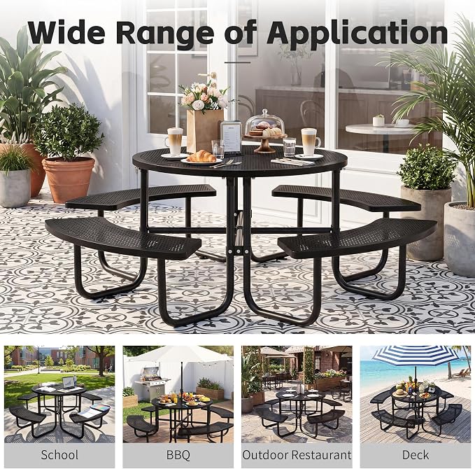 46" Outdoor Round Perforated Picnic Table Metal Camping Table with Umbrella Hole - Heavy Duty Steel Mesh Picnic Bench Set for Backyard Garden Deck, Black