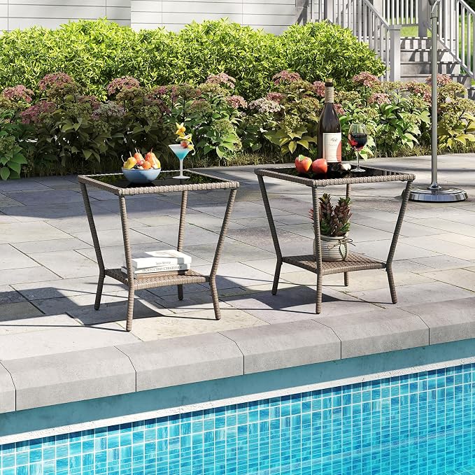 Kinfant Rattan Patio Side Table - Set of 2 Modern Wicker End Table, PE Rattan Coffee Table with Glass Top, Weather-Resistant Patio Furniture for Patio, Balcony, Garden, and Poolside (2, Sesame Brown)