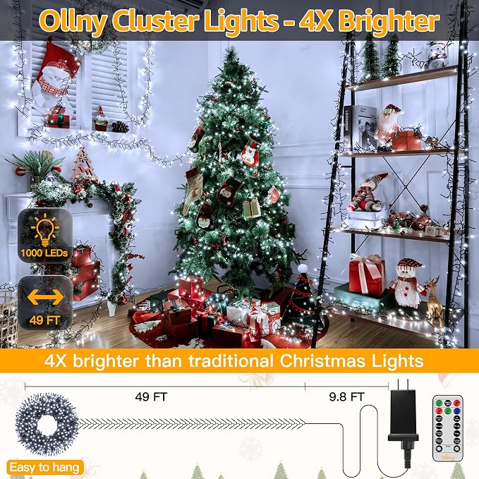Ollny Cluster Lights Christmas 1000LED 49FT, Cool White Christmas Tree Lights 8 Modes Timer Remote, Waterproof String Lights for Outdoor Indoor Outside Garland Xmas Decorations