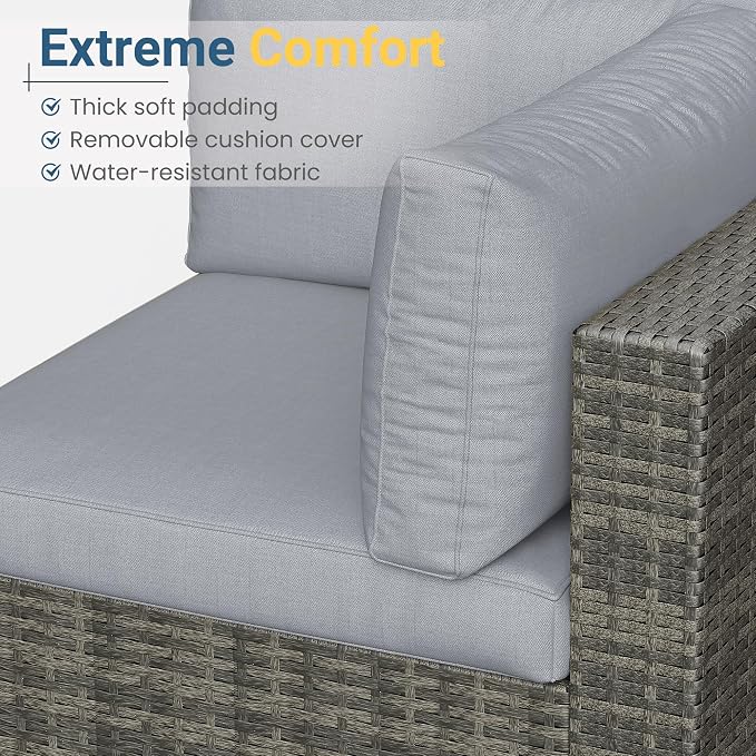 Wisteria Lane 7 Piece Outdoor Patio Furniture Set, All Weather Wicker Rattan Sectional Sofa Conversation Set with Cushions & Glass Coffee Table, Ideal for Garden Backyard Porch Balcony, Light Grey
