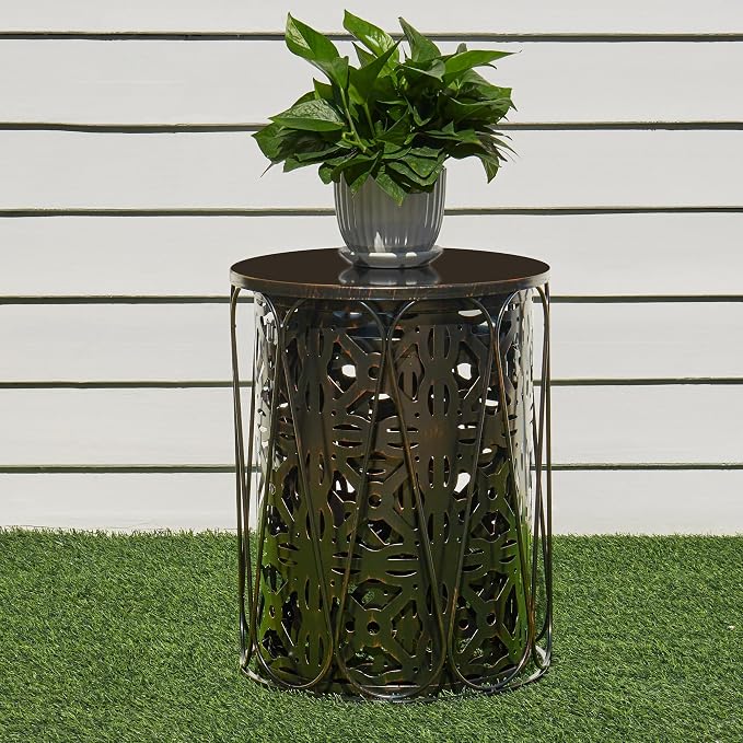 Y&M Outdoor Side Tables Set of 3, Metal Stacking Patio Side Tables for Outside, Round Indoor End Tables, Decorative Garden Stool Plant Stand for Patio Garden Balcony Porch, Black with Bronze